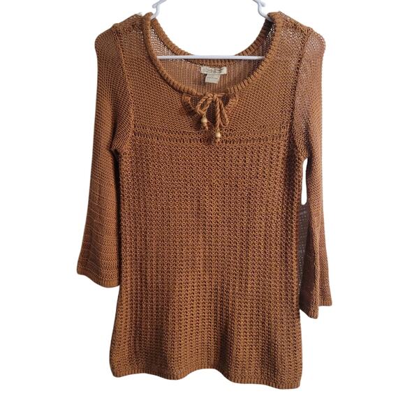 Lucky Brand Boho Crochet Sweater Brown Tie Neck Open Knit Semi Sheer Top Small - Picture 7 of 10